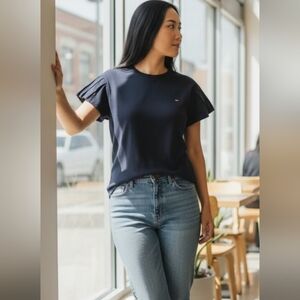 Tommy Hilfiger Women's Dark Blue Pleated Sleeve Tee